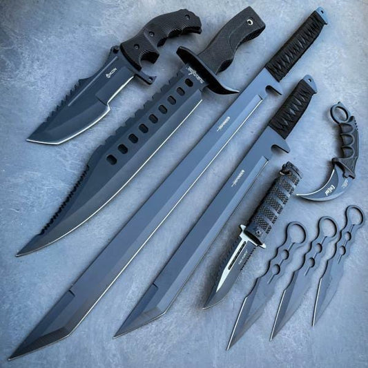 9PC Black Tactical Fixed Blade Sword Machete Axe Hatchet Karambit Knife Set